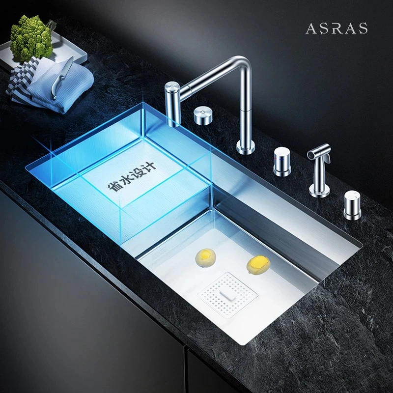 

Asras 8042J Luxury Handmade Kitchen Sink with Multi-functional Faucet 304 Stainless Steel Stepped Sink with Rapid Drainage