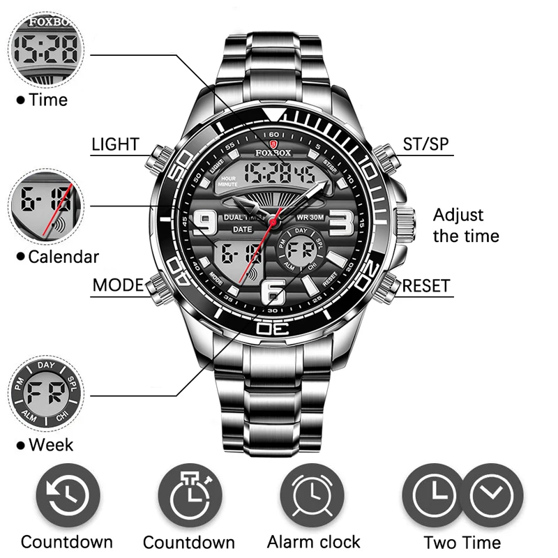 Mens Watches Luxury Fashion Sport Watch FOXBOX Brand Men Quartz Analog Digital Clock Male 30MWaterproof Stainless Steel Watches