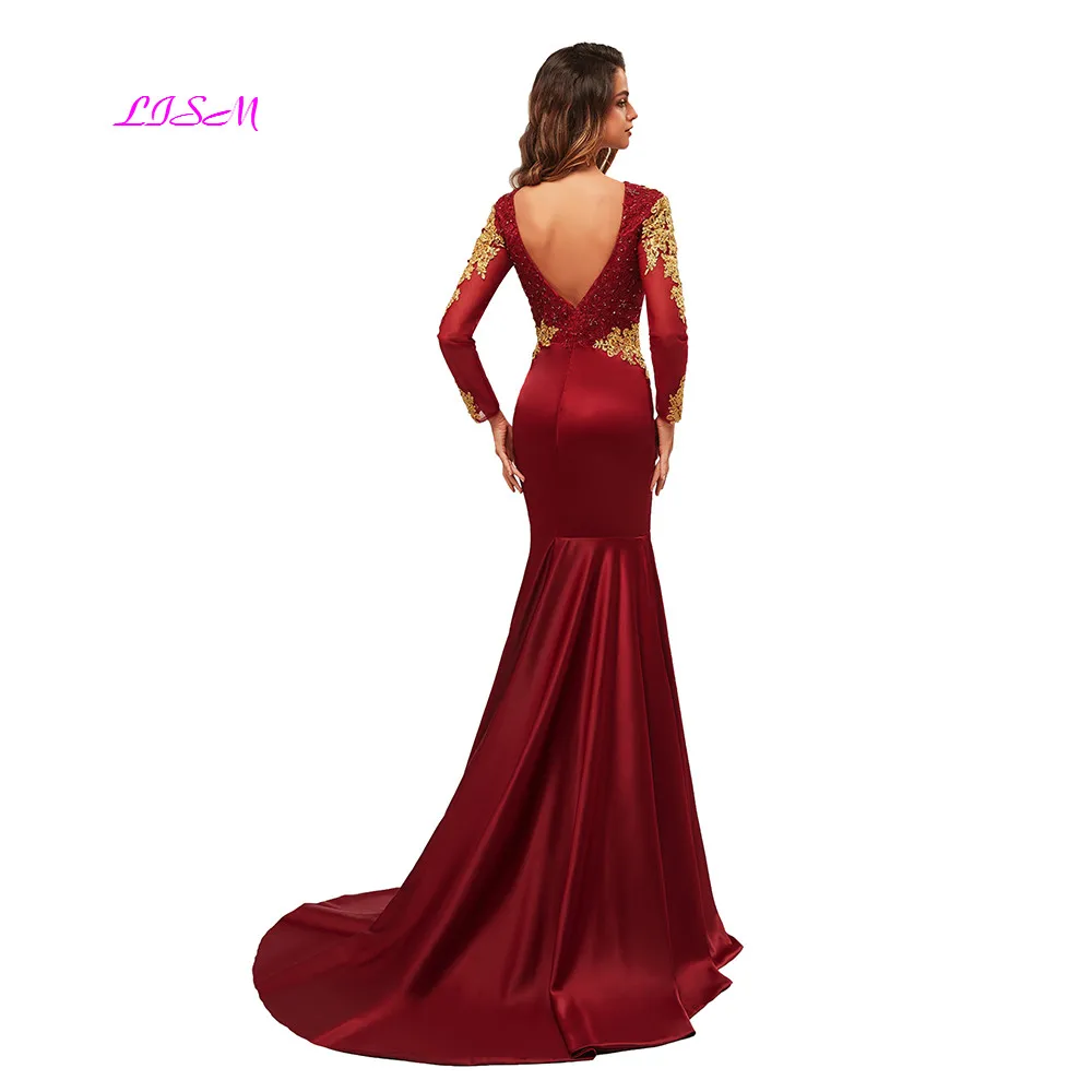 Elegante vestido de noche de sirena, Sexy, con cuello en V profundo, manga larga, satén, para baile de graduación, apliques dorados, vestidos de fiesta formales con cuentas