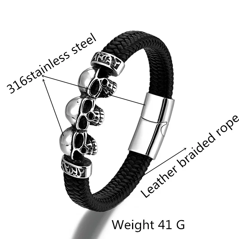 European and American Punk Style Three Ghost Head Scorpion Stainless Steel Men\'s Bracelet Microfiber Leather Rope Bracelet Gift