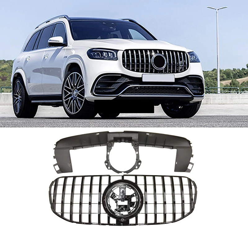 For Mercedes Benz GLS Class X167 GLS5800 GLS400 GLS450 Front Hood Kidney Grille GT style Bright black Grill Dual Line Compatible