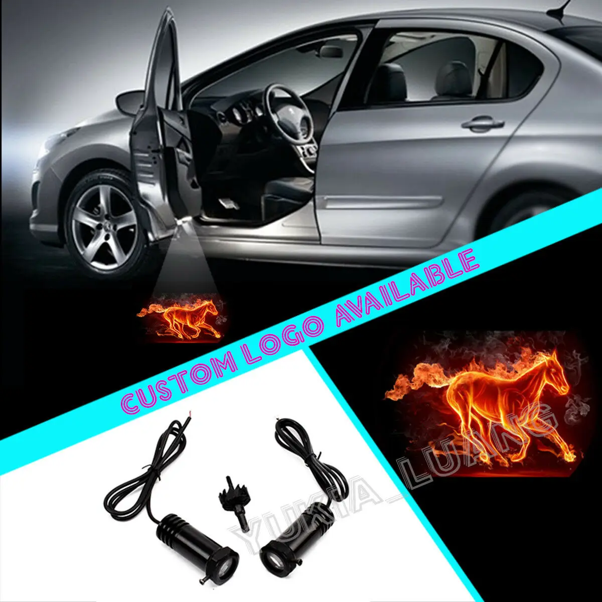 2x Flaming Horse Logo Wired Car Door Welcome Laser Projector Ghost Shadow LED Lights for Mustang