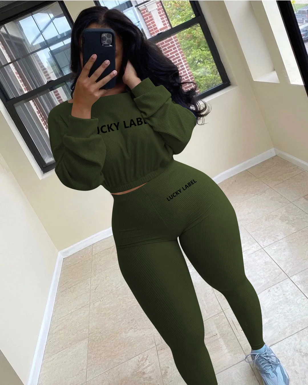 Letter Printed Embroidery Women Two Piece Ribbed Tracksuits Fall Spring Long Sleeve Sweatshirt and Skinny Pants Set - Image 5