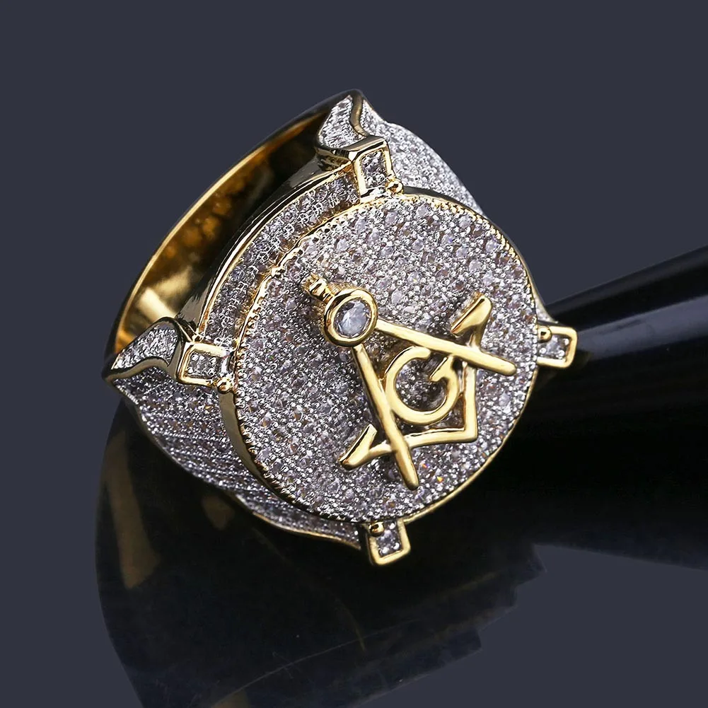 New Trendy AG Freemason Ring Men\'s Ring Bohemian Crystal Inlaid Ring Austrian Rhinestone Metal Ring Accessory Party Jewelry