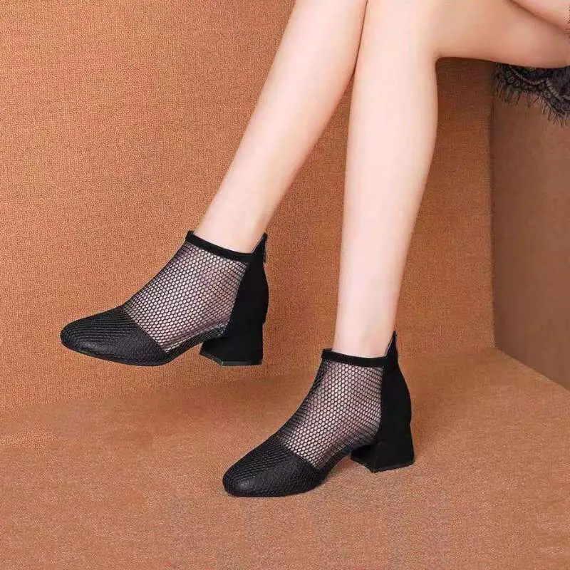 Mesh Summer Women Sandals Summer Thick Heel High Heel Roman Ladies Sandals Sexy Hollow Out Women Sandals