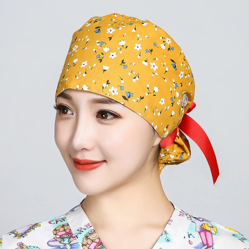 Printed Scrubs Caps With Buttons Ribbon Bandage Cotton Sweatband Hats for Long Hair Adjustable Nursing Workwear Hats Accessories