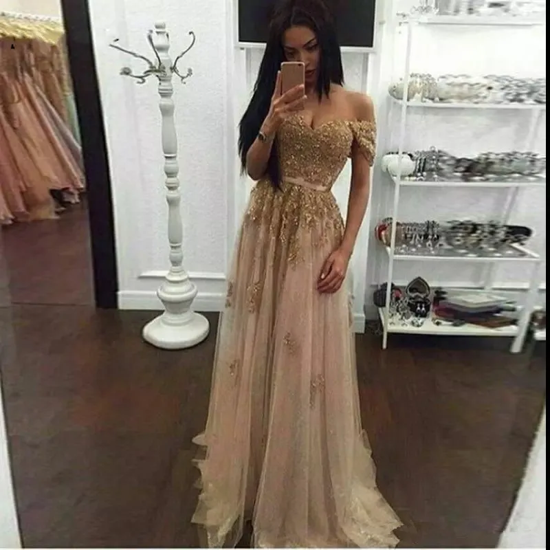 

Angelsbridep Floor-Length Tulle Vestido De Festa Sweetheart Long Evening Dress Bride Party Gold Appliques Prom Dresses lace-up