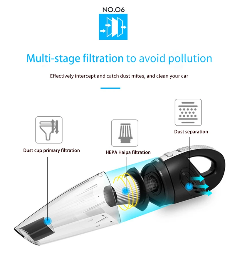 Aspirateur de voiture portable 12 V, 4800 W, 120 Pa, avec sac à main, support cyclonique/sec, 4,8 KPA, 2