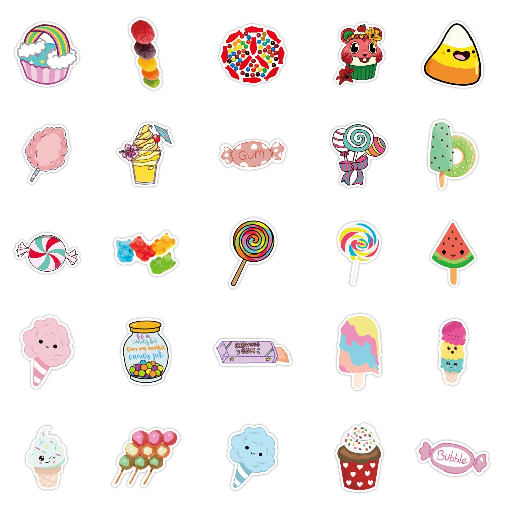 Autocollants de dessin animé Kawaii pour enfants, bonbons, crème glacée, nourriture, vélo, planche à roulettes, réfrigérateur, ordinateur portable, bagage, cadeau amusant, bricolage, 10 pièces, 30 pièces, 50 pièces