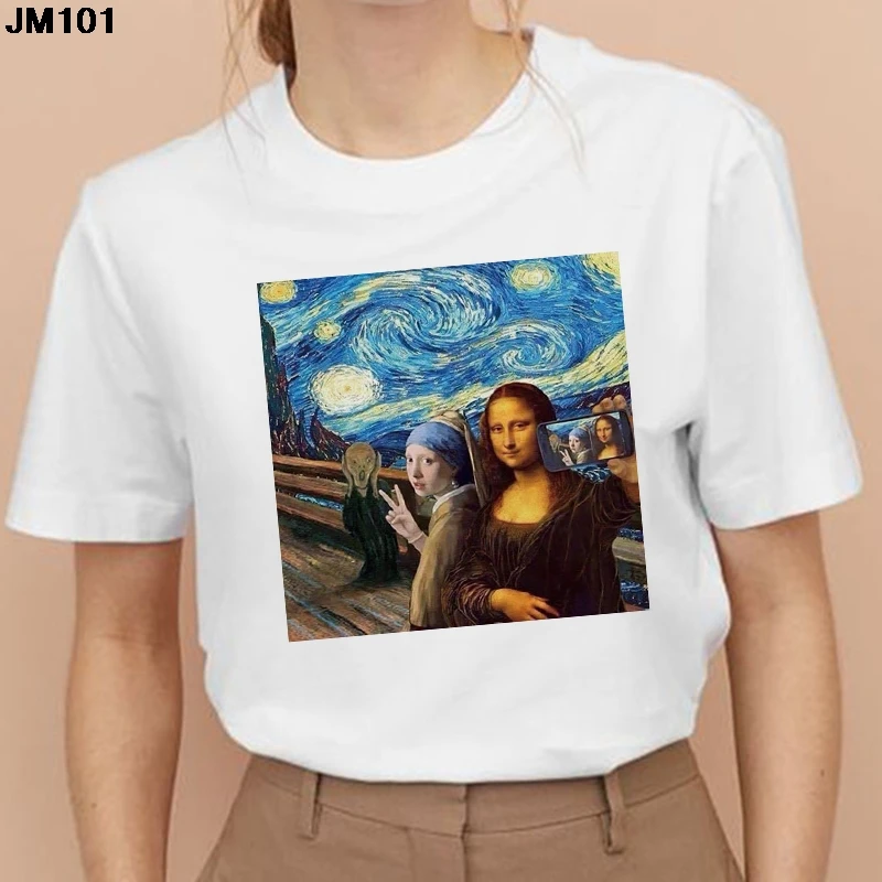 

Funny Mona Lisa Aesthetic Harajuku Printing T Shirt Women Ullzang Vintage Female T-shirt Summer 90s Tshirt Casual White Tops Tee