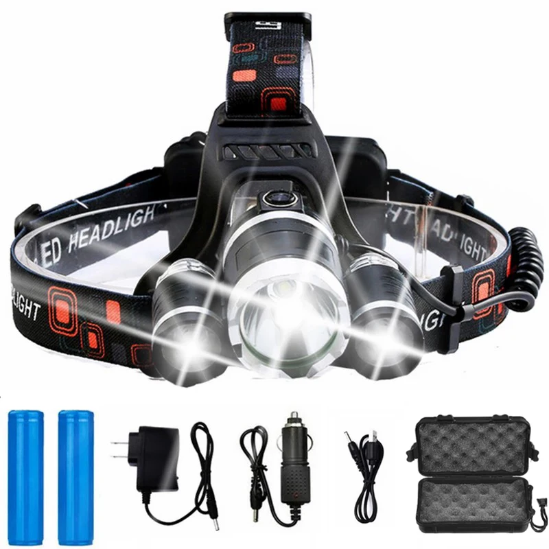 D2 LED Headlamp Ultra Bright Waterproof 4 Mode Headlight 3 T6 R5 Rechargeable 18650 Battery for Camping Light Hunting Fishing