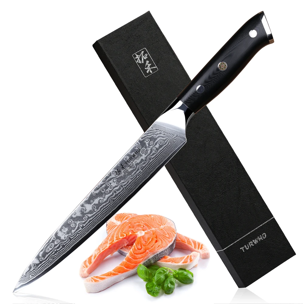 

TURWHO 8 Inch Slicing Knife Japan Damascus Steel Cleaver Meat Knife Ebony G10 Handle Professional Sashimi Sushi Chef's Knives