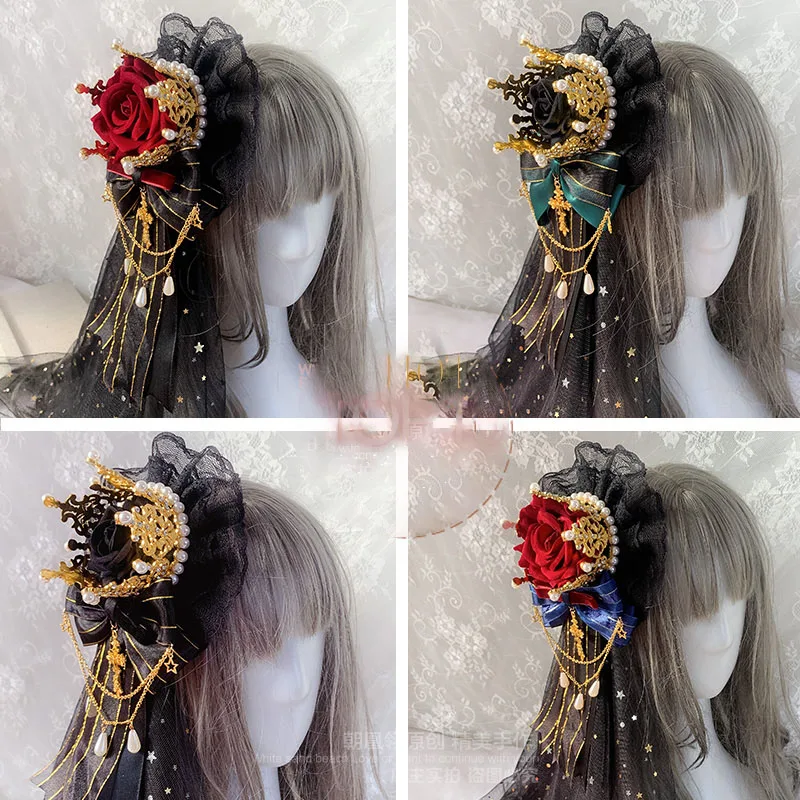 Original Gothic Lolita Crown Dark Hand-Made Headdress Gorgeous Veil Flower Pill Lolita Accessories Vintage Hair Accessories