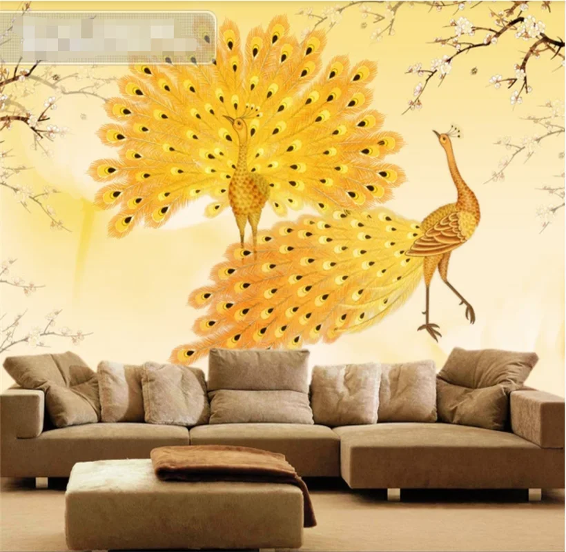 Creative golden peacock TV background wall custom wallpaper 8D waterproof wall covering