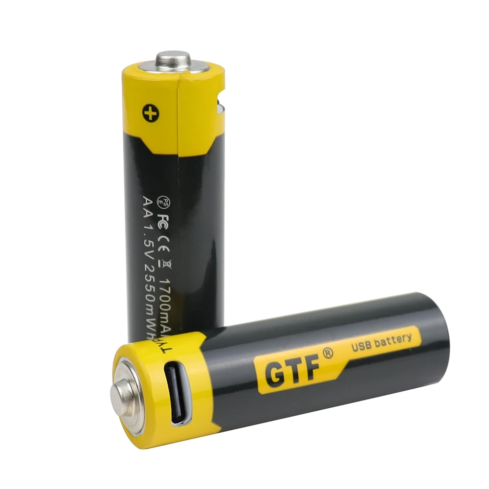 GTF 1.5V 1700mAh AA Li-ion Battery 2550mwh real capacity with USB Rechargeable Lithium Ion Battery use Type-C cable