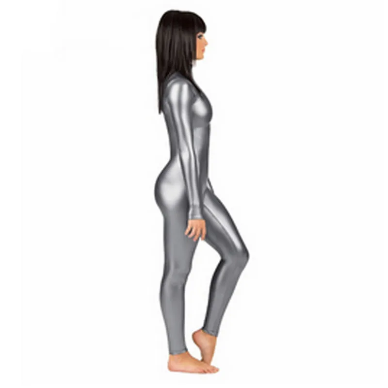 Ensnovo Frauen Spandex Schwarz Metallic Look Zentai Anzug Ein Stück Rollkragen Unitard Nach Body Cosplay Kostüm