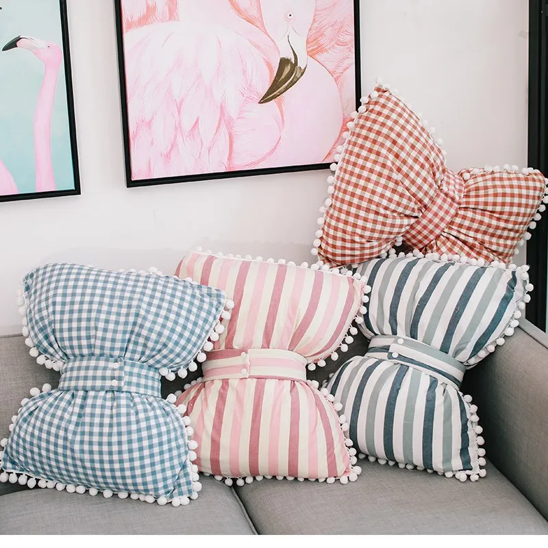 Ins Hot Cotton Bow Sofa Throw Pillow girly Bedroom Bay Window decoration Cushion cute bed Stripe Houndstooth Bow Sleeping Pillow