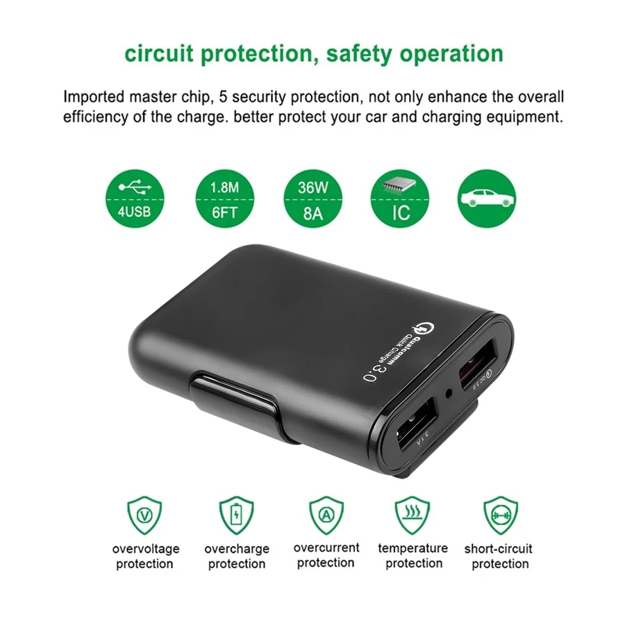 QC3.0 5.6 ft extension cable 4-port USB car charger for fast charging for iPhone 12 and Xiaomi mobile driving recorder