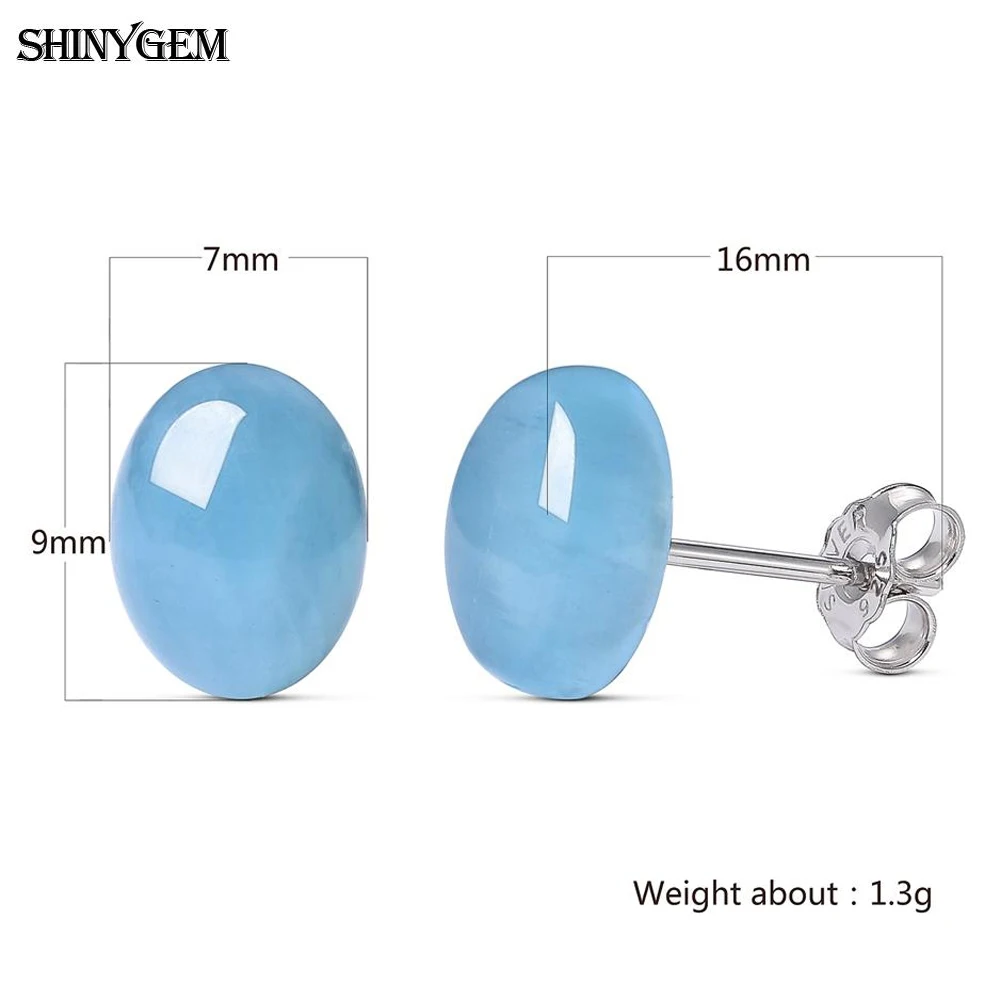 ShinyGem Fashion 7*9mm Elegant Sky Blue Oval Aquamarine Stud Earrings Handmade 925 Silver Needle Natural Stone Earring For Women