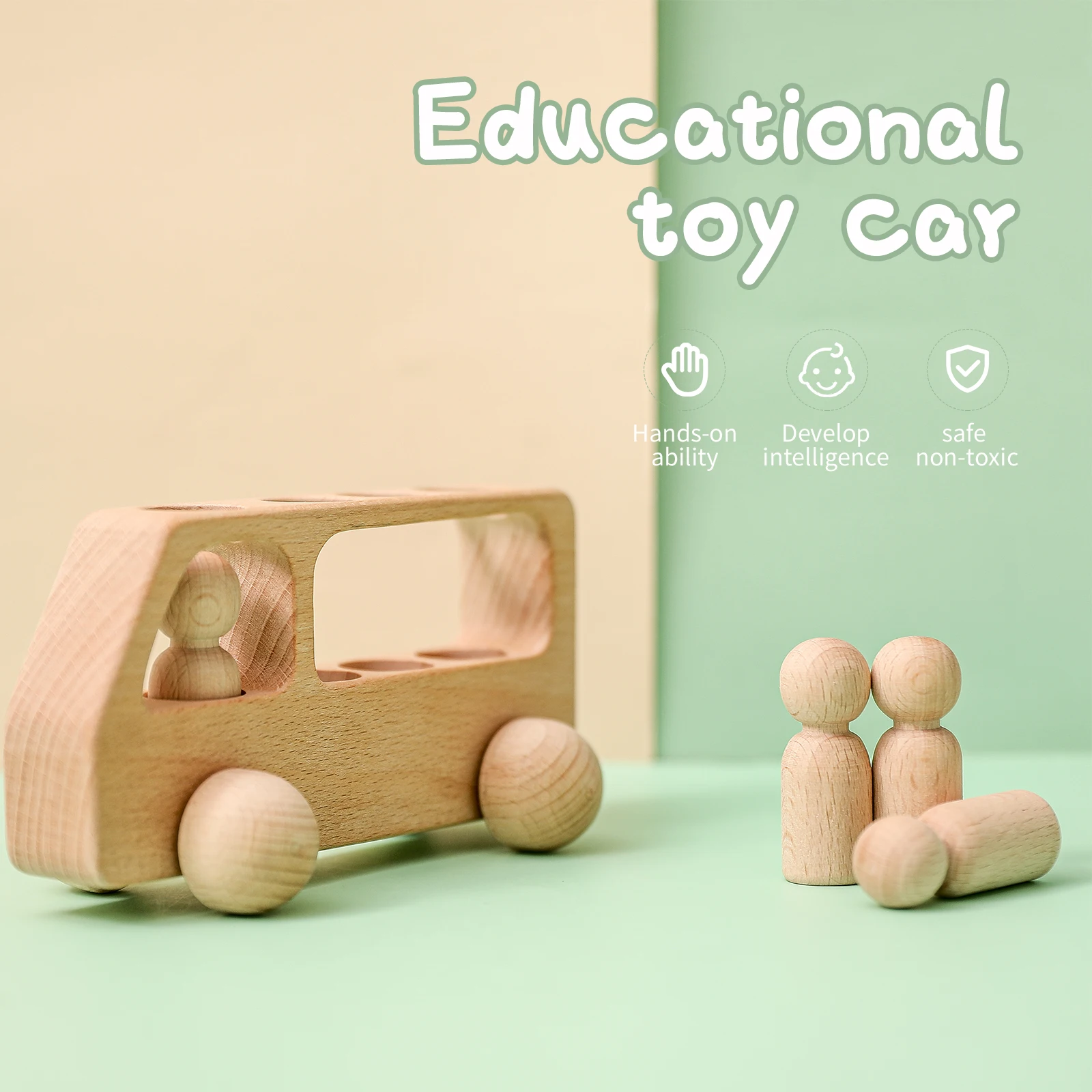 1Set Montessori Wooden Toys for Kids Wooden Peg Dolls Bus Car Children Educational Toys Beech Wood Car Blocks Baby Birthday Gift