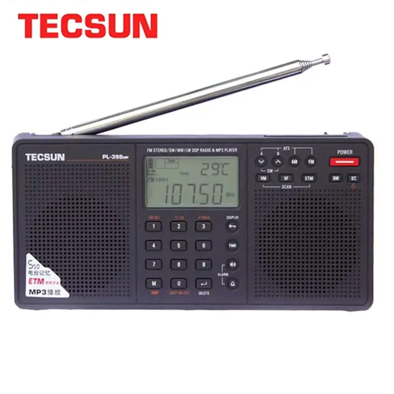 Tecsun-ポータブルステレオラジオシステムPL-398MP,FMラジオ,フルバンド,デジタル調整,etm,Dsp,デュアルスピーカー,レシーバー,mp3プレーヤー,TFカードサポート