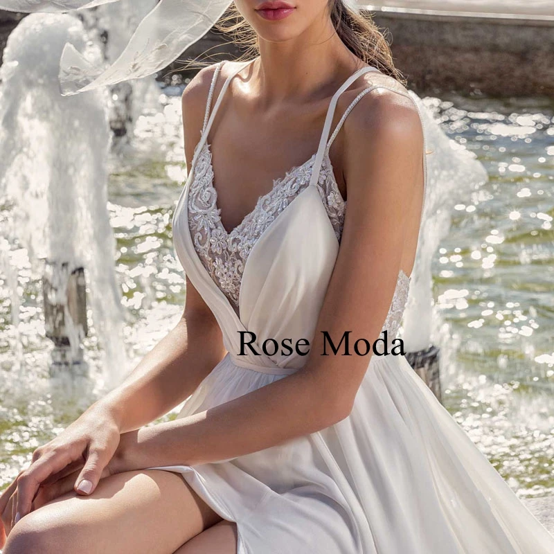 Rose Moda V Neck Criss Cross Back Boho Wedding Dress with Slit Chiffon Beach Bridal Gown Custom Make