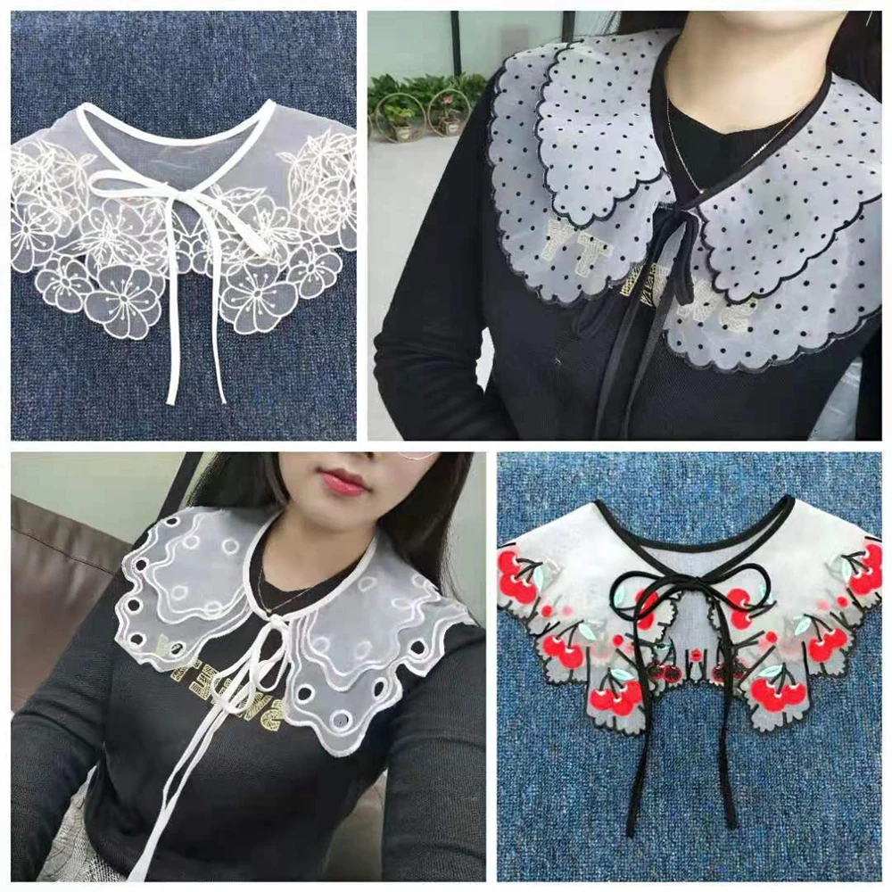 Women Girls Chiffon Lace Fake False Collar Decorative Double Layer Ruffles Embroidery Choker Blouse Shawl Bowtie