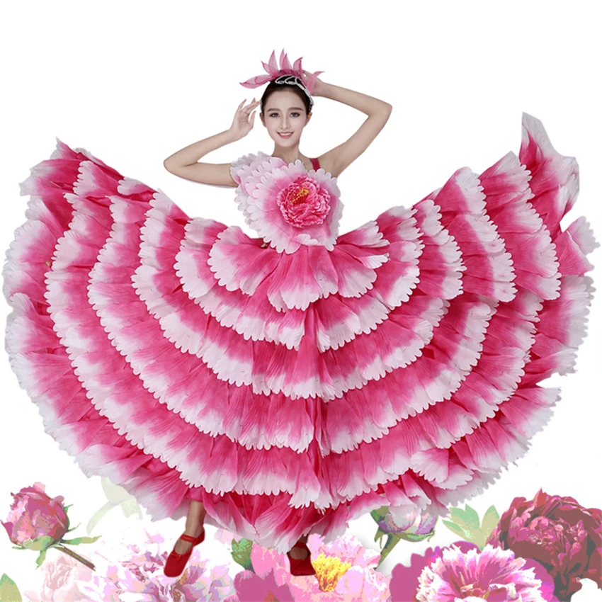 Women Spain Dress Flamenco Skirts Dance Costumes Spanish Gypsy Skirt Bigdance Flower Chorus Stage Performance Wear for Woman