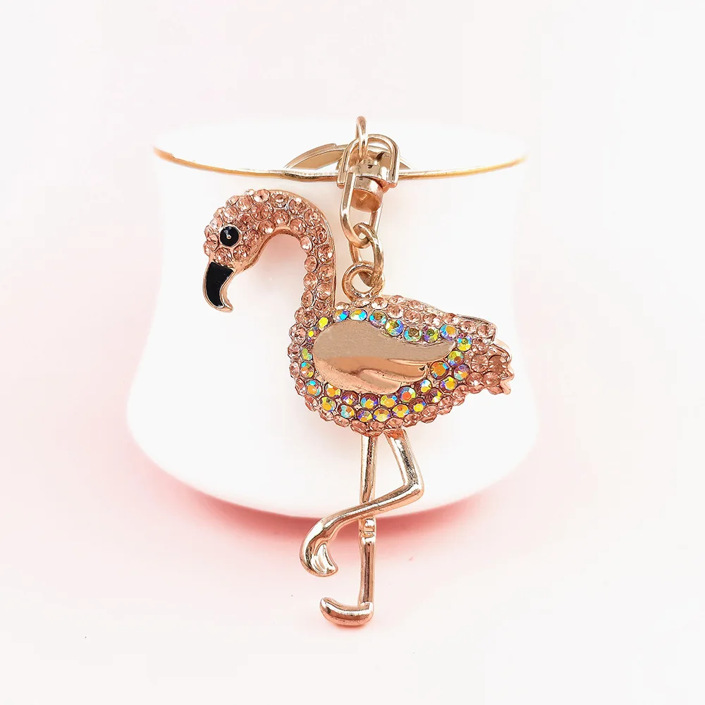 Shiny Rhinestone Flamingo Shape Cute Car Keychain Cell Phone Pendant Handbag Key Ring