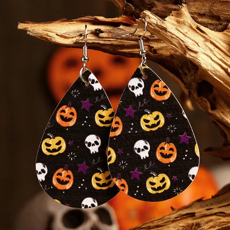 2021 New Vegan Leather Teardrop Halloween Earrings for Women Fashion Bat Pumpkin Lantern Print All Hallow's Day Jewelry