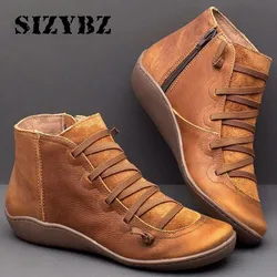 Women Winter Snow Boots PU Leather Ankle Boots Spring Flat Shoes Woman Short Brown Botas with Fur for Women Lace Up Botas Mujer