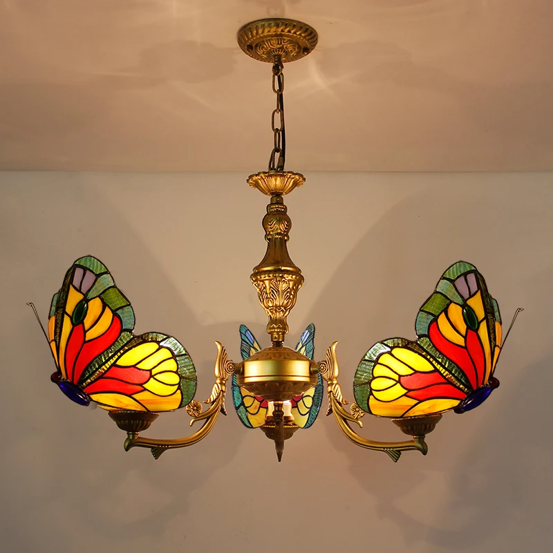 

Luxury Lamp Tiffany Style Stained Glass Butterfly Shade luxurious design suspension pendant hanging light vintage chandelier