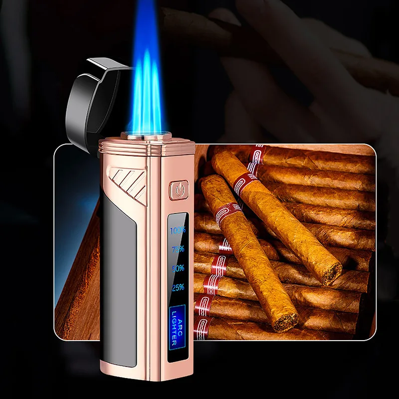 

2021 NEW Large Capacity Metal Three Jet Lighters With LED Display Turbo Torch Cigarette Cigar Lighter 1300C Gadgets For Men