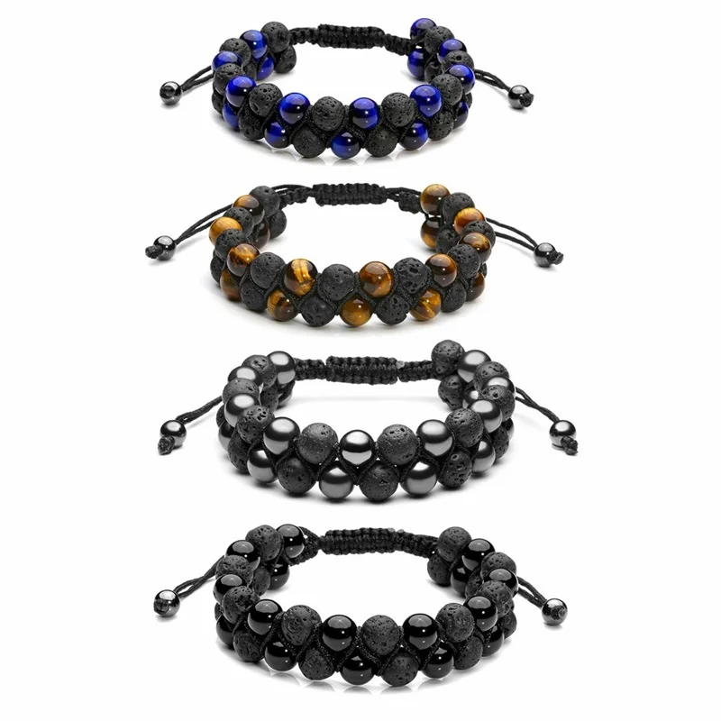 Natural Stone Bracelet Mens Black Lava Rock Bracelet Tiger Eye Bracelet Braided Rope Yoga Essential Oil Bracelet Charm Gift