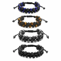 Natural Stone Bracelet Mens Black Lava Rock Bracelet Tiger Eye Bracelet Braided Rope Yoga Essential Oil Bracelet Charm Gift