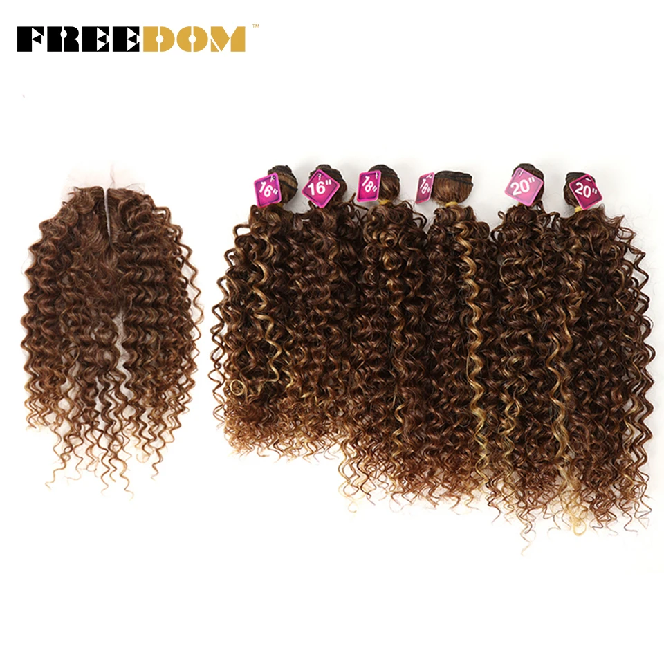 FREEDOM Synthetic Hair Weave 7 Pieces/lot Afro Kinky Curly Hair Bundles With Lace Closure Ombre Blue Hair Extensions For Women