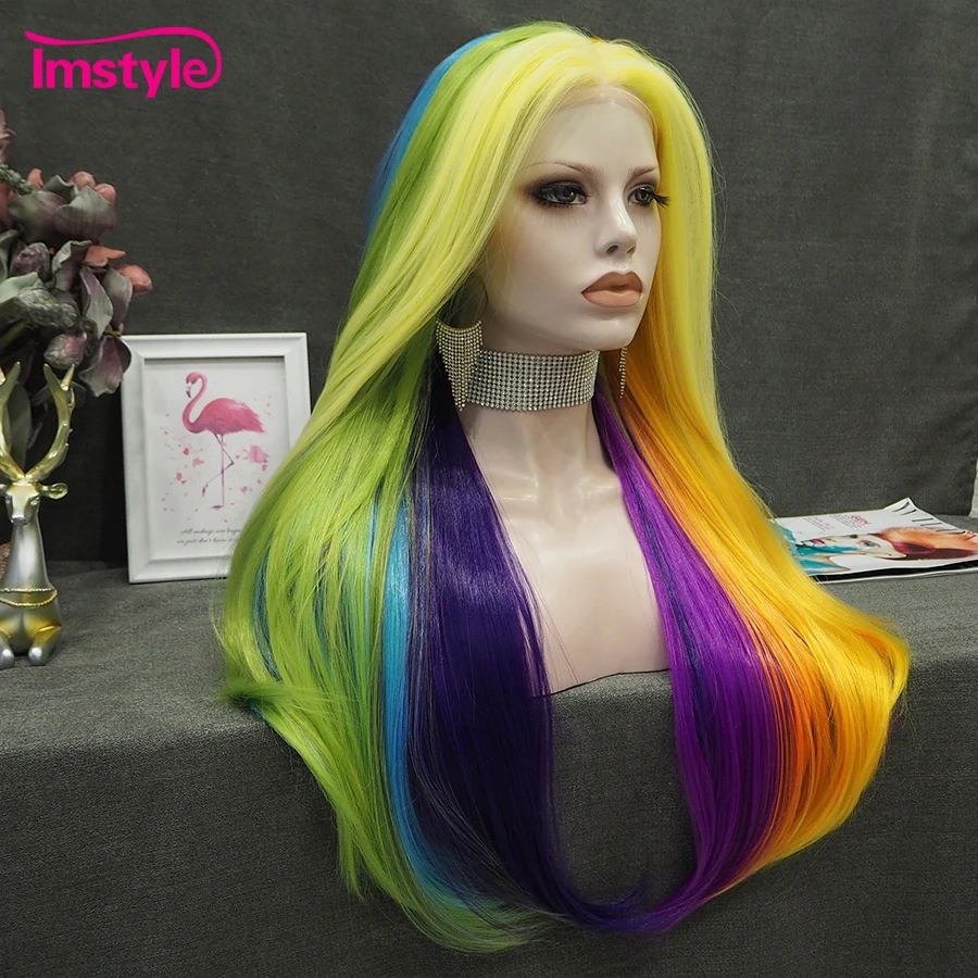 Imstyle Colorful Wig Long Synthetic Lace Front Wig Noctilucent Hair Heat Resistant Fiber Straight Rainbow Wigs For Women Party