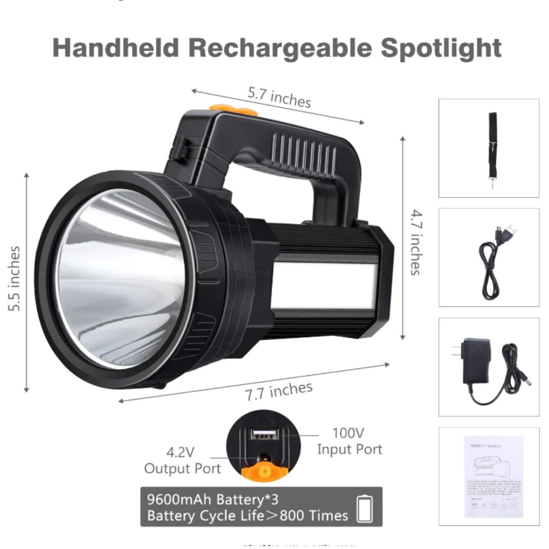 Spotlight Super Bright LED Handheld Flashlight 6000 Lumen Super Bright Waterproof 6 Lighting Modes
