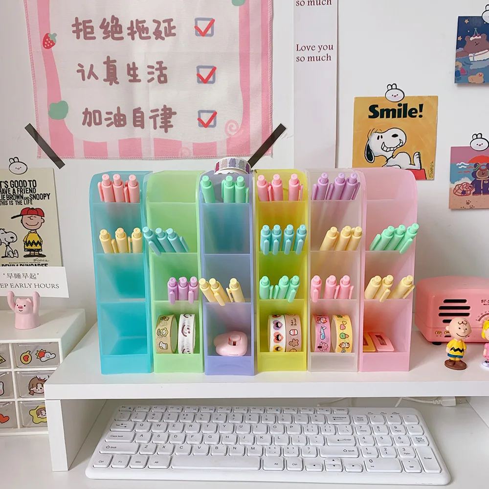 Macaron Color Desktop Pen Holder Pencil Makeup Brush Storage Box 4 Grid Oblique Insertion Desktop Organizer School Stationery