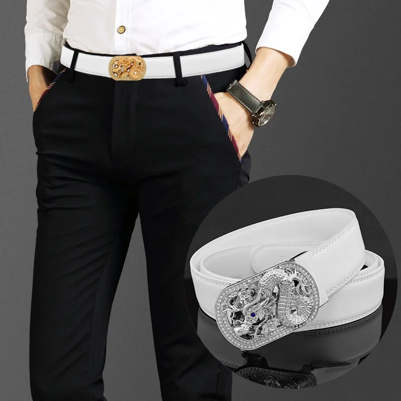 Casual Belt Men Fancy White Chinese Dragon Cowskin Fashion Waistband Automatic Buckle Waist Strap Genuine Leather Ceinture Homme