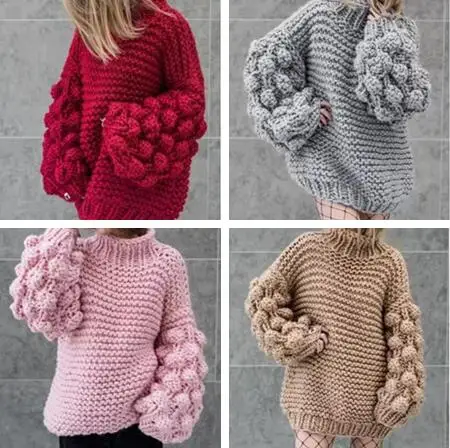 Street Winter Pullovers Ladies 7 Colors Long Lantern Sleeve Ball Sweater Chic Knitted Lady Outerwear