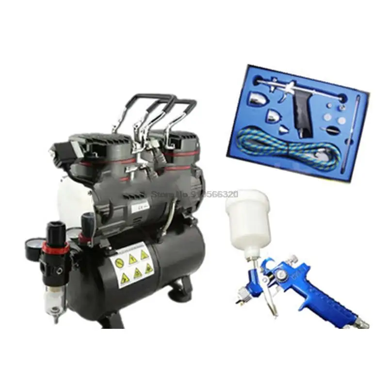 1/3 HP Airbrush Piston Spray Gun Air Compressor Oil-Less Pump Double Cylinder Double Air Pressure Spraying Gun Machine