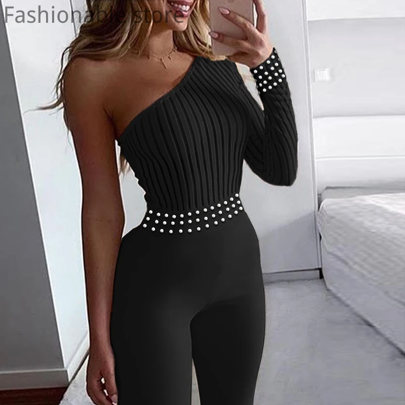 Women Single Shoulder Long Sleeve Beads Design Solid Color Jumpsuit