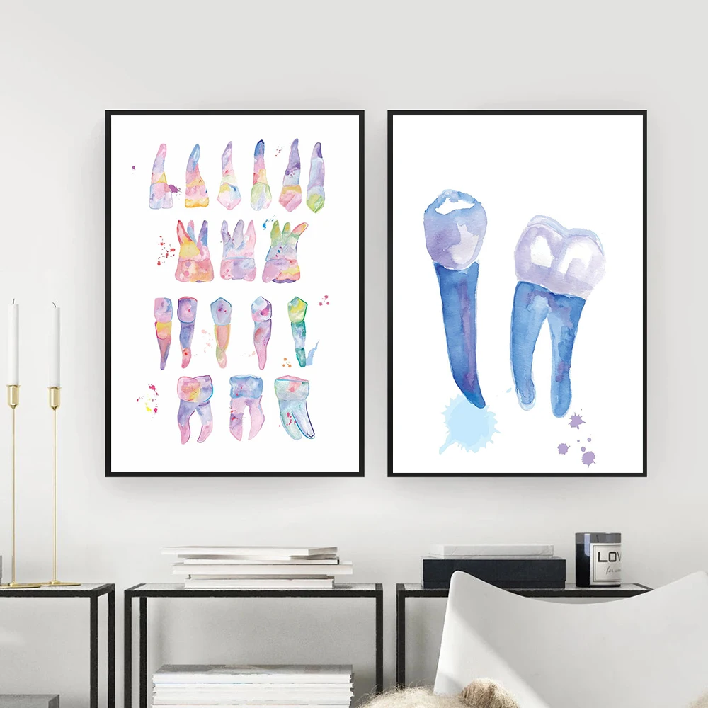 Dental Art Tooth Canvas Painting Watercolor Wall Art Poster Dental Hygienist Canvas Print Teeth Gifts Wall Pictures Clinic Decor