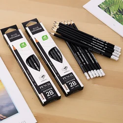 Wooden Lead Pencils with Eraser, 2B Pencils, Stationery, Office and School Supplies, Student Drawing and Writing, 12 PCs/Lot