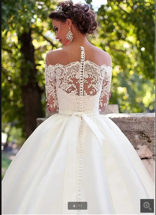 White Satin Ball Gown Wedding Dress Lace Appliques Off The Shoulder Long Sleeve Beaded Bride Dresses Princess Puffy Back Button