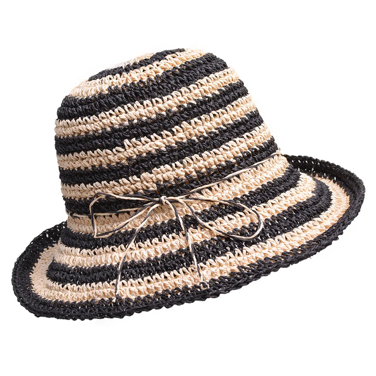 Two tone stripes Women's Paper Crocheted Sun Bucket Style Crusher cloche sun Hat A415