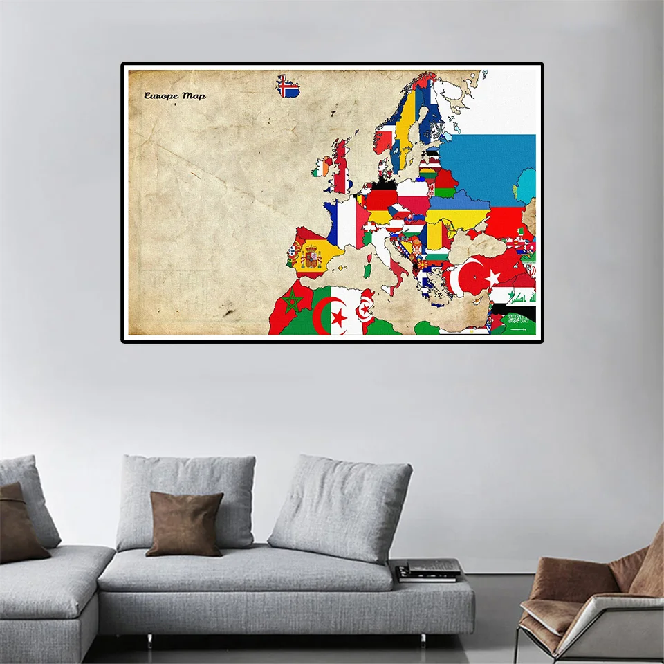 Carteles e impresiones de arte de pared Vintage, mapa de Europa, pintura en lienzo, suministros escolares, oficina, sala de estar, decoración del hogar, 90x60cm