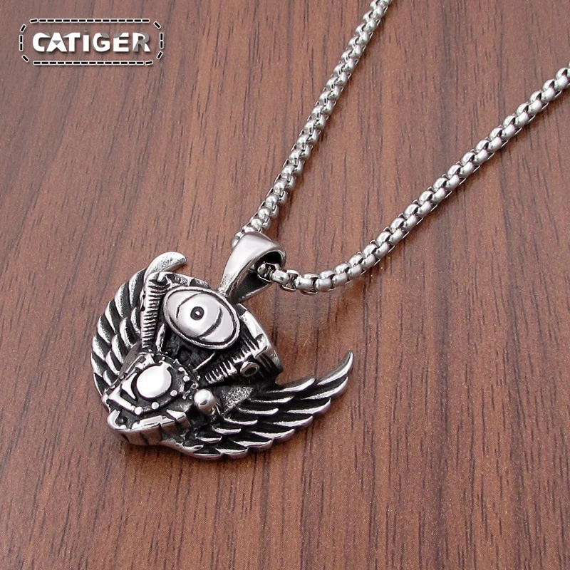 Classic 316L Stainless Steel Eagle Wings Engine Style Biker Pendant Motorcycle Bike Necklace Jewelry