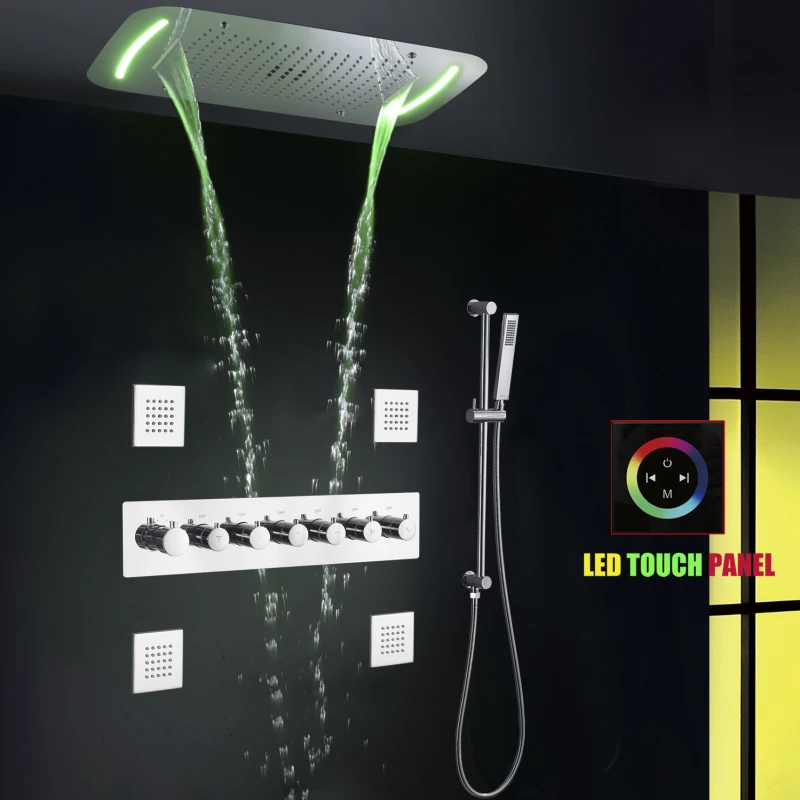 

Chrome Polished Shower System Set 28X17 Inch LED Thermostatic Bathroom Waterfall Shower